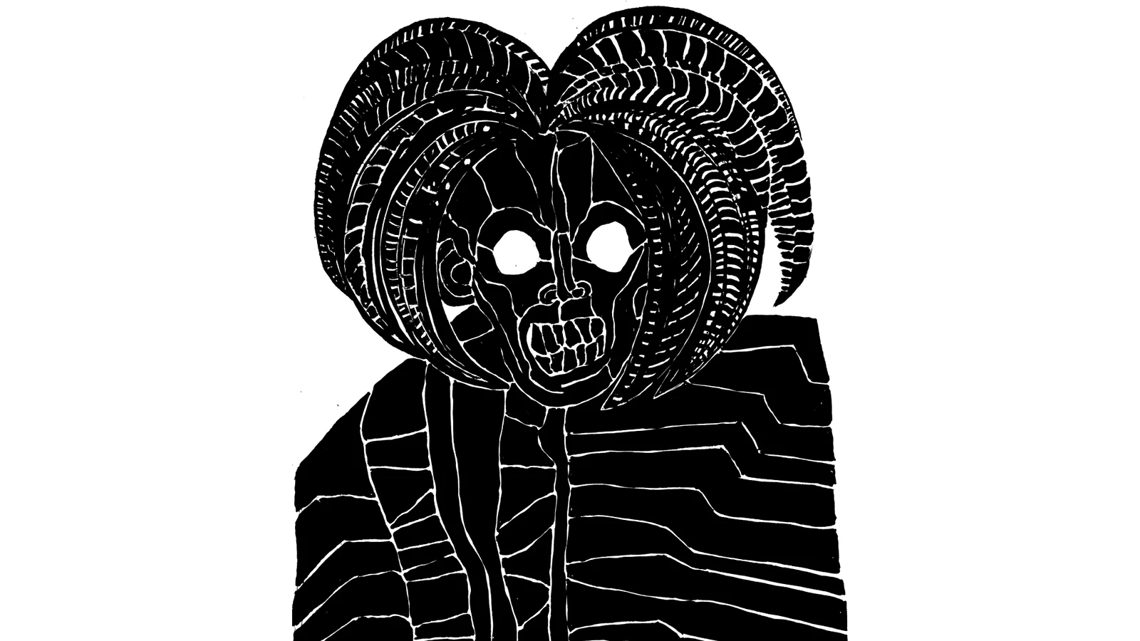 Hand drawing in solid black with white incised lines: a skull-like face with round white eyes, framed by two large spiral horns curling in on themselves.