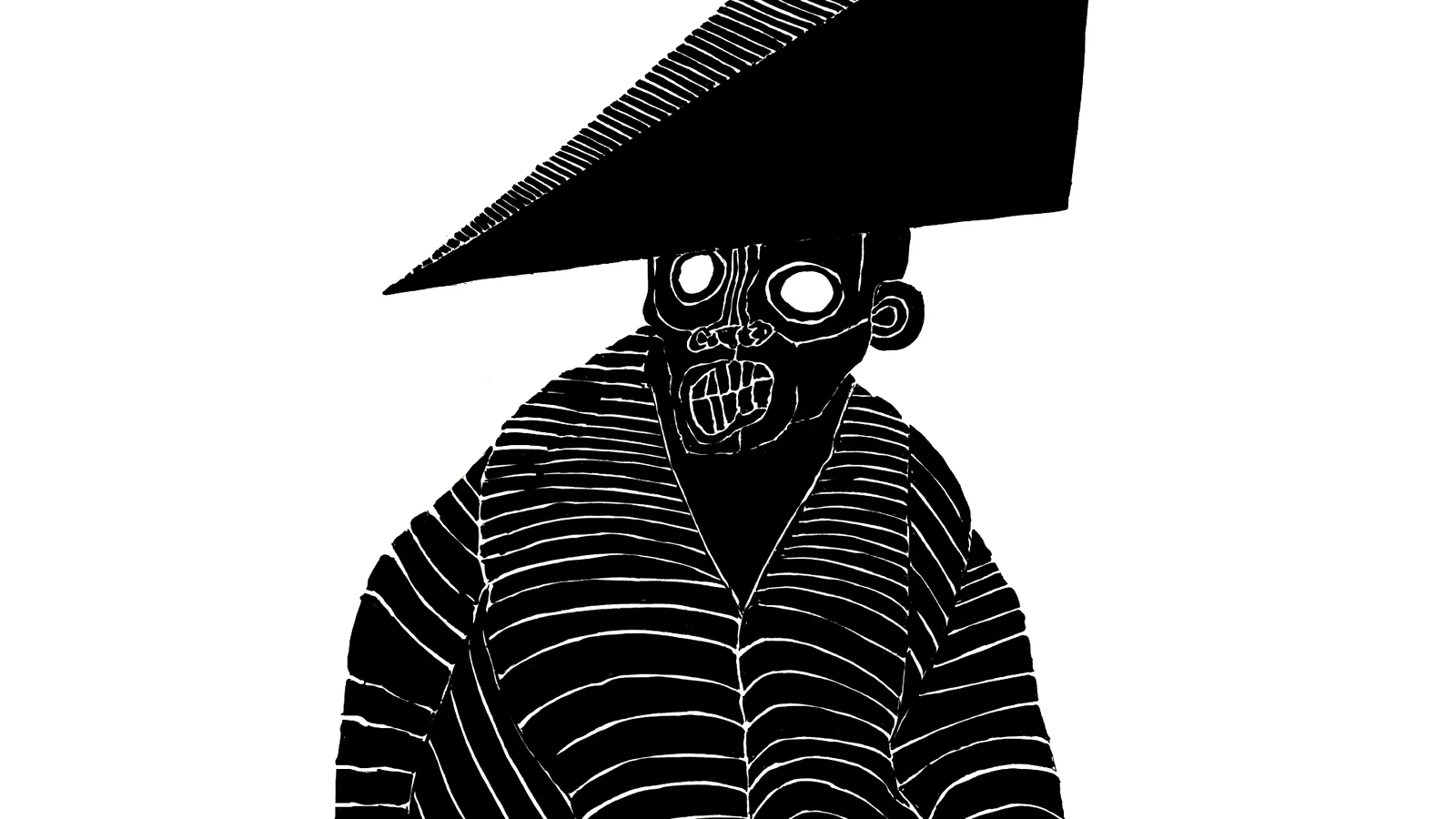 A figure under a wide flat brim tilted sharply across the head, the body built from close horizontal white hatching.