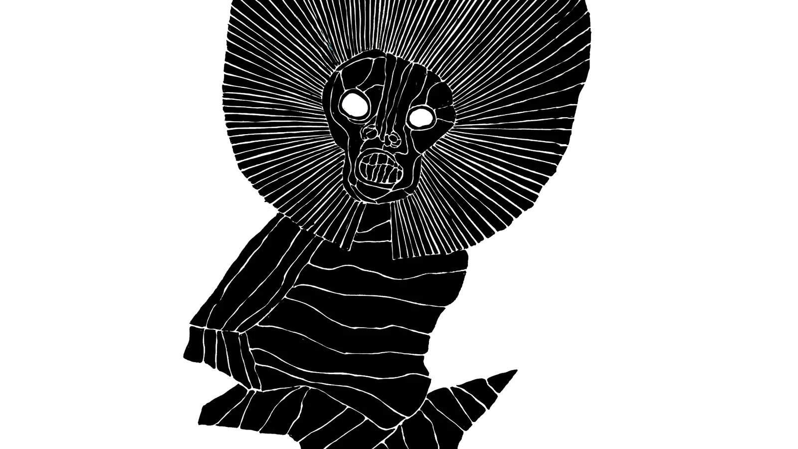 A face at the centre of a fan of fine white lines radiating out like a ruff, the body below leaning away in broad black folds.