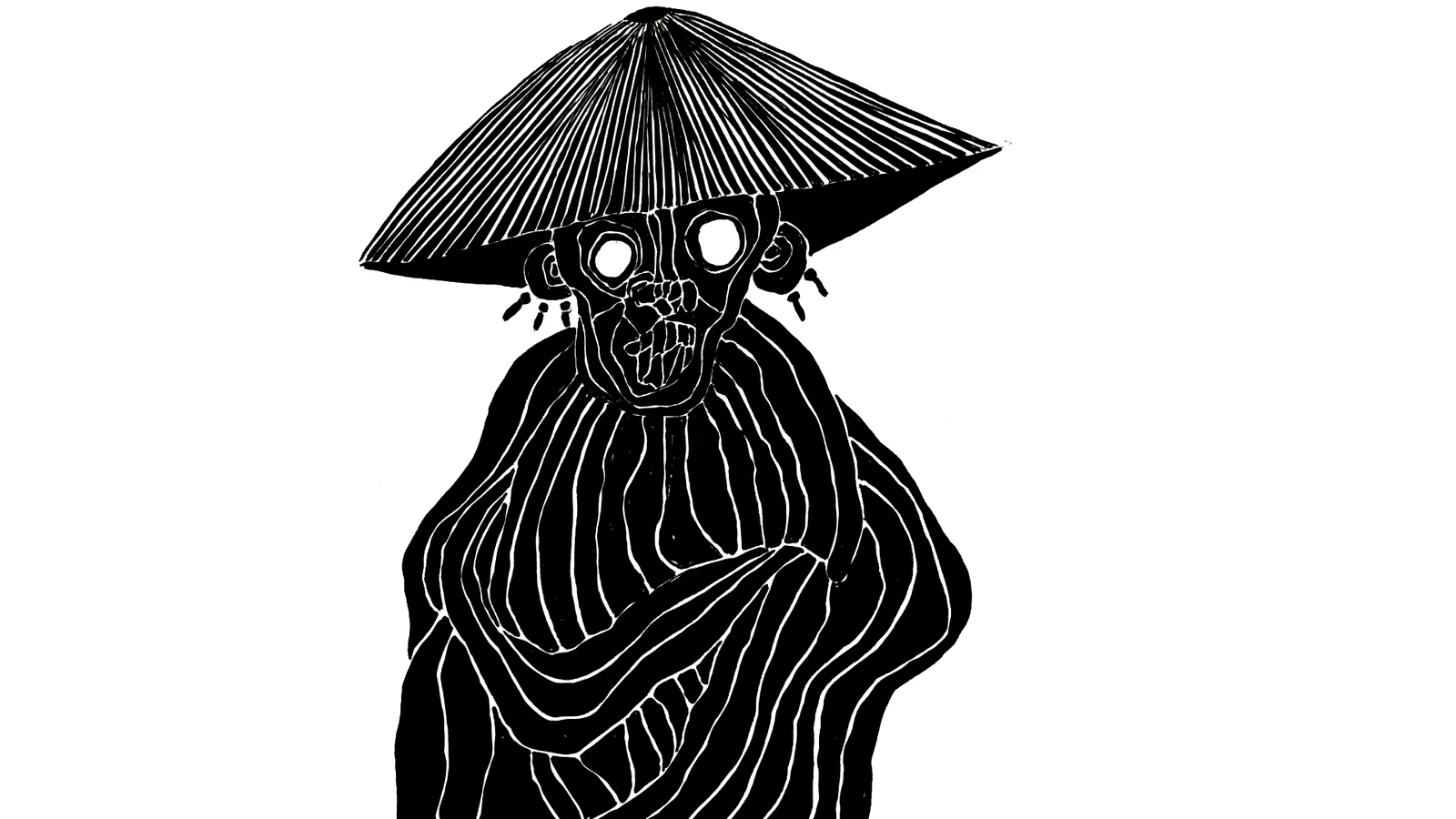A figure in a wide conical hat with small ornaments at the ears, wrapped in a robe of long curving white lines.