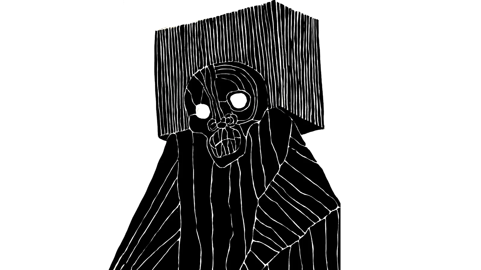 A skull-like face under a rectangular headdress of dense vertical white strokes, the shoulders squared off in black.