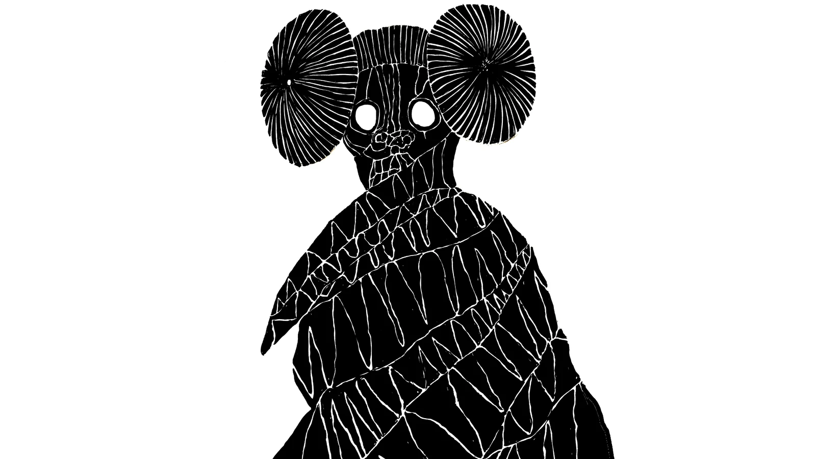A figure with two large round rosettes of spiralling white line where the ears would be, wearing a diagonally wrapped cloak.