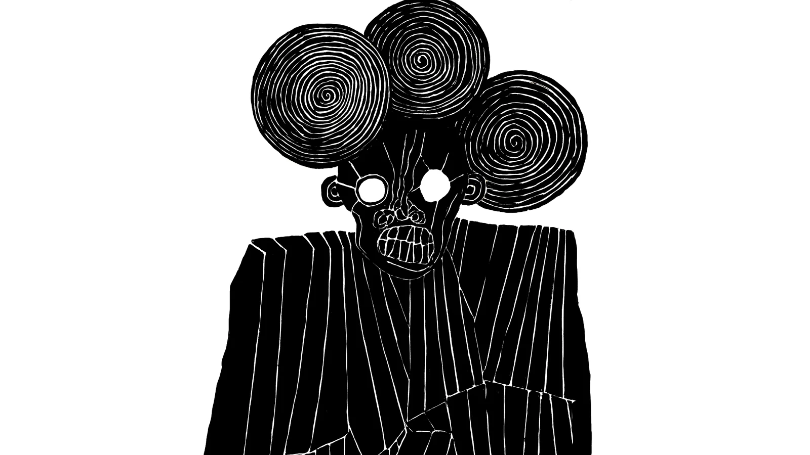 Three concentric spiral discs crowd around a grinning face with white eyes, above a coat of straight vertical white lines.