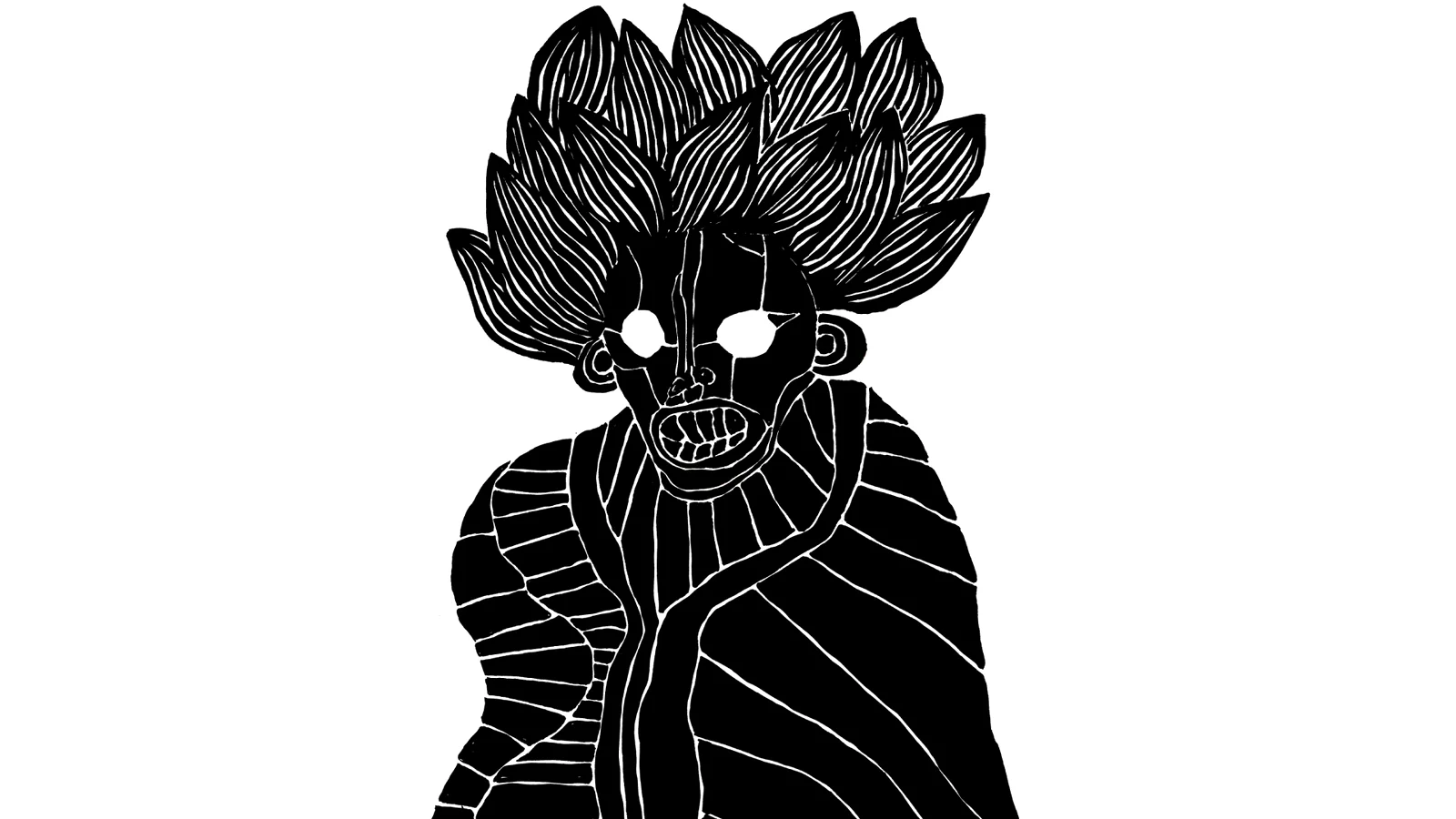 A figure crowned with a row of pointed petal shapes, the face bared, the robe drawn in long curved white strokes.