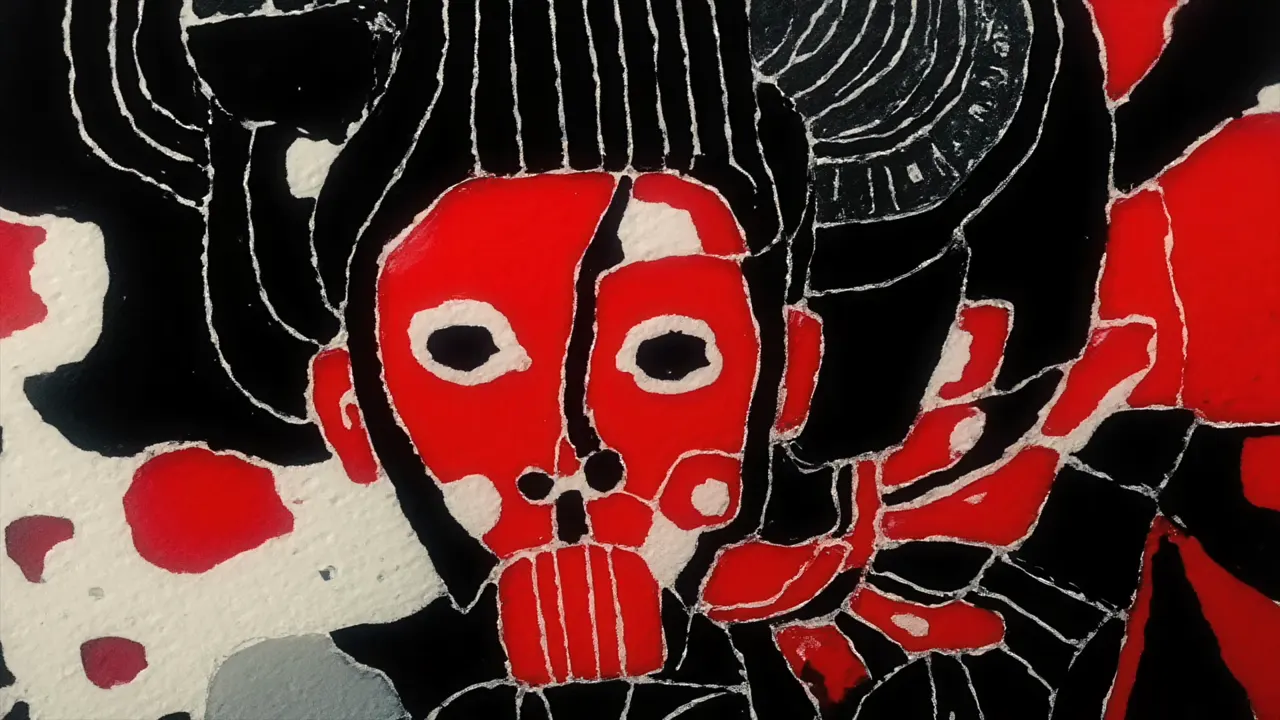 A painted drawing: a red face with white eyes inside a black hood dotted with orange, surrounded by fine white hatching on painted paper.
